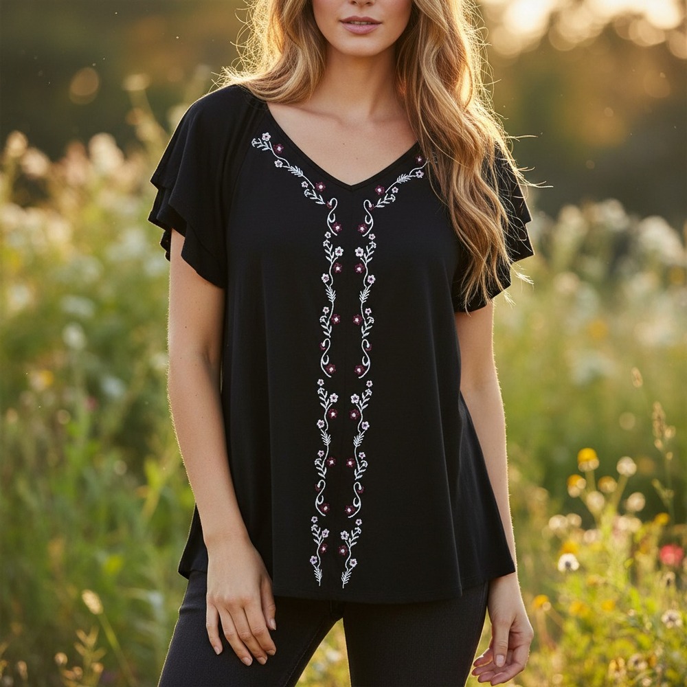White Stag M 8 10 Top Black Embroidered Flutter Swing Boho Whimsigoth Cottage
